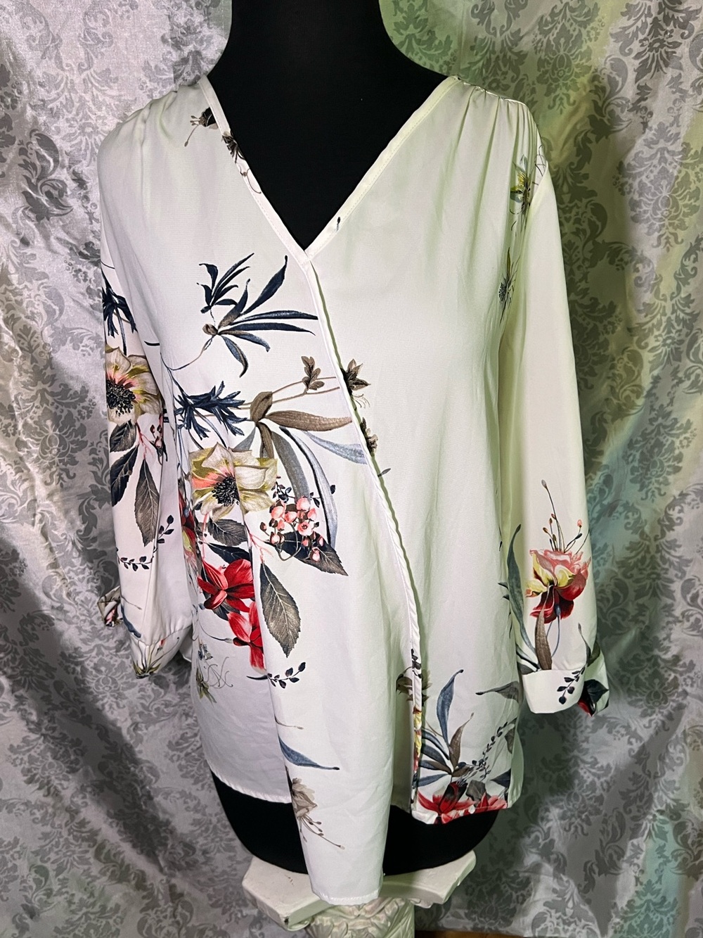 Hailey & Co. White Floral Faux Wrap-Style V-Neck Blouse